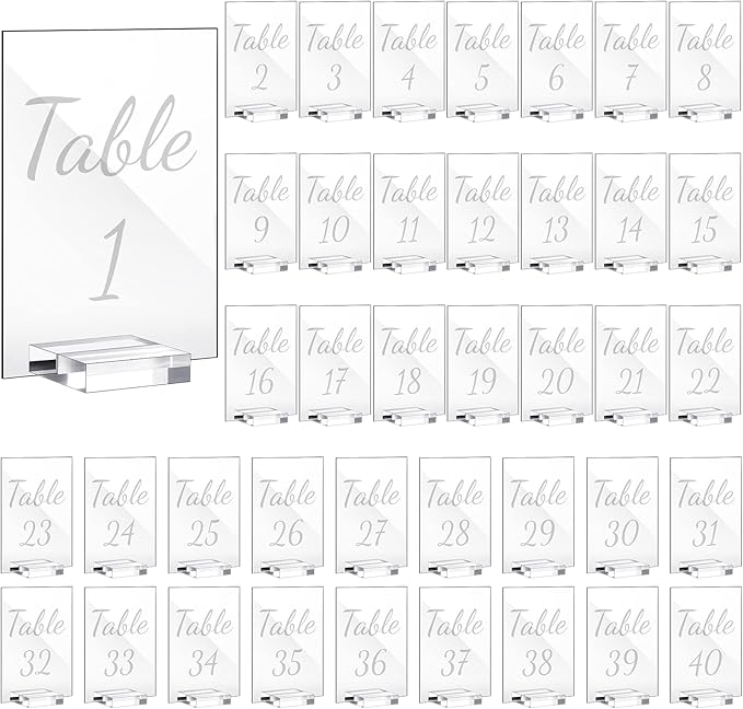 Tuanse 40 Pack White 4 x 6 Inch Acrylic Wedding Table Number 1-40 Clear Wedding Table Stand with Numbers Calligraphy Holders Signs for Reception Centerpieces Decorations