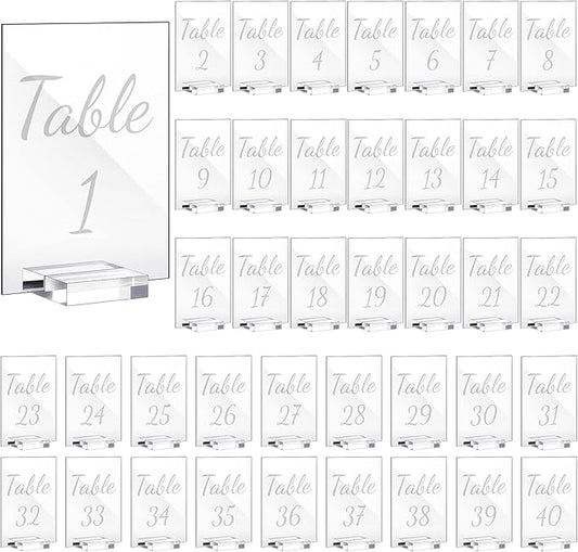 Tuanse 40 Pack White 4 x 6 Inch Acrylic Wedding Table Number 1-40 Clear Wedding Table Stand with Numbers Calligraphy Holders Signs for Reception Centerpieces Decorations
