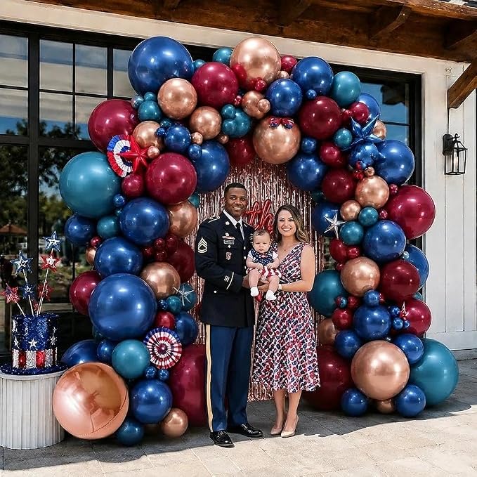 Red Blue Balloon Garland, Double Stuffed Navy Blue Dark Burgundy Balloon Arch Kit Rose Gold Fringe Curtains for Birthday Graduation Patriotic Father's Day Prom Party Decoration