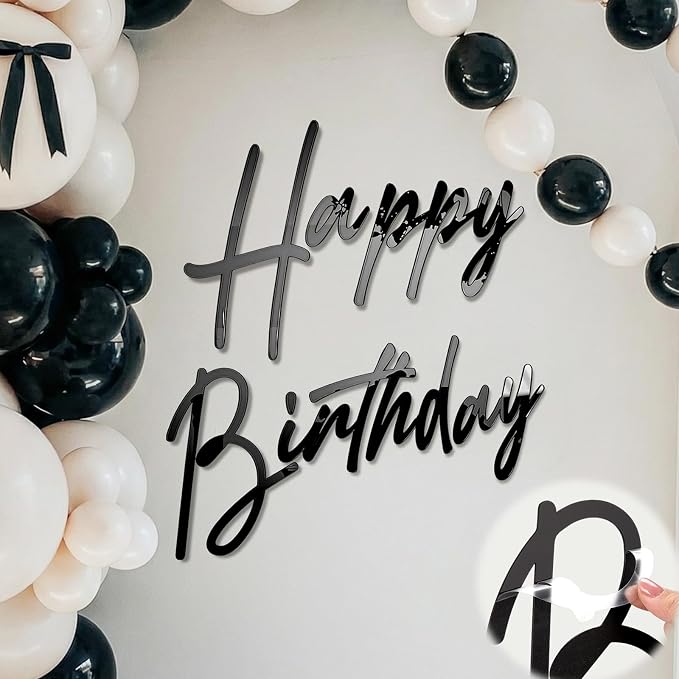 Yousoontic Happy Birthday Sign for Backdrop Large Happy Birthday Sticker Letter Acrylic Mirror Decal for Balloon Arch Wall Kpop Party, Peel Off Acrylic Film(23 x 20 Inches,Classic,Black)