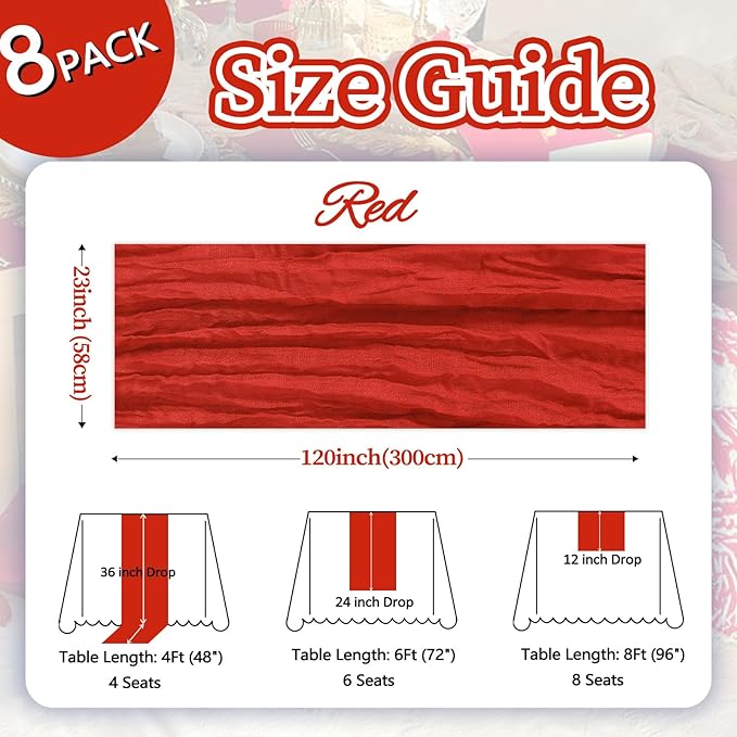 8 Pack Red Cheesecloth Table Runner 10ft Boho Gauze Fabric 120 Inch Cheese Cloth Table Runner Rustic Sheer for Holiday Baby Shower Party Décor Home Wedding Decoration