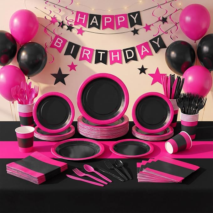 Funnymoom 452 Pcs Hot Pink and Black Party Supplies Serves 50 Guest, Pink and Black Paper Plates Cups Napkins Tablecloth Cutlery Straw Tableware Set for Birthday Wedding Bachelorette Party Decoration