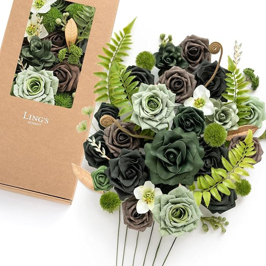 Ling's Moment Fake Flowers Box, Faux Artificial Greenery Stems Foam Roses Gardenia Silk Fabic Flower for Centerpieces Bouquet Wedding Vase Floral Arrangements Decorations, Emerald & Gold, Deluxe Combo
