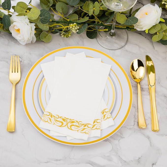 BESTVIP 400 Pack Disposable Paper Napkins,3-Ply Dinner Napkins with Gold Trim for Guests,Bathroom Paper Hand Towels Soft and Absorbent,Perfect for Christmas,Kitchen,Dinner,Party,Wedding or Event