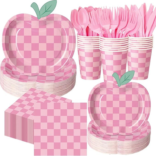 400 Pcs Apple Checkerboard Party Decorations Supplies Apple Shaped Paper Plates Napkins and Cups Serve 50 Pink Gingham Disposable Tableware Set for Teacher Appreciation Back to School Party