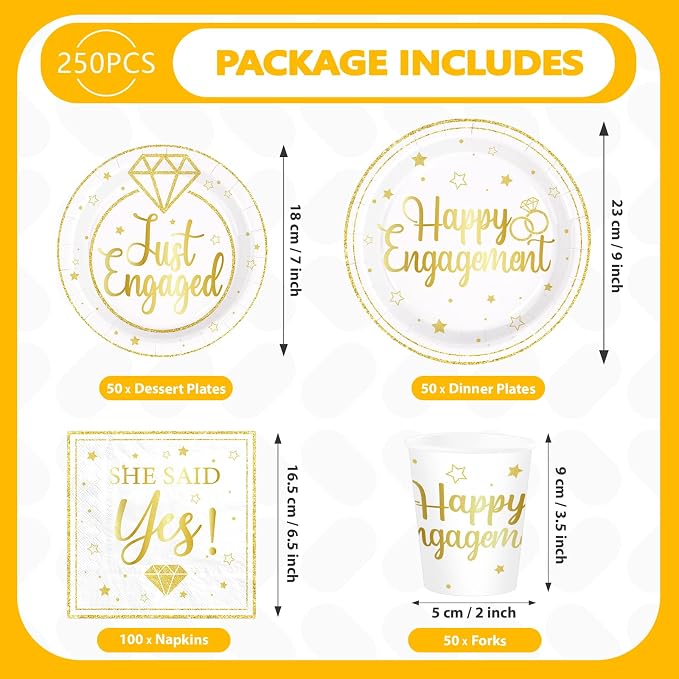 250 Pcs Happy Engagement Party Decorations White Gold Diamond Ring Plates Napkins Cups Disposable She Said Yes Tableware Set for Wedding Bridal Shower Just Engaged Party Supplies Serves 50