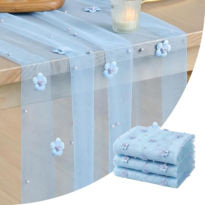 Artoid Mode Blue Flower Pearl Blue Gauze Table Runner 10FT 3PC, Seasonal Sheer Dining Holiday Wedding Birthday Baby Shower Table Decor for Home Party