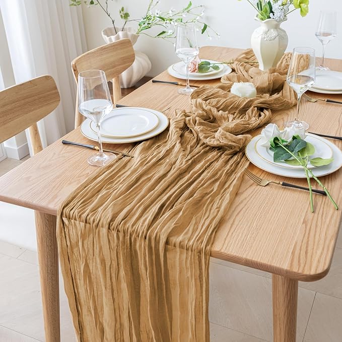 6PCS Table Runner Cheesecloth 10FT Khaki Boho Gauze Cheese Cloth Rustic Sheer Table Runners for Wedding Bridal Baby Shower Party Decoration