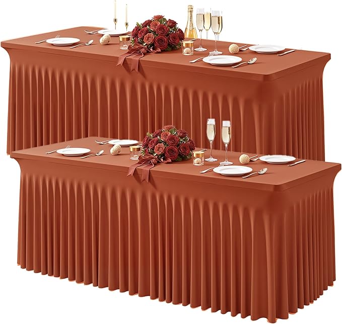 Wish Care 2 Pack Rust Spandex Table Clothes for 8 Foot Rectangle Tables, 8FT Wrinkle Free Fitted Tablecloths Ruffles Design Table Cloth for Party, Banquet, Wedding and Events