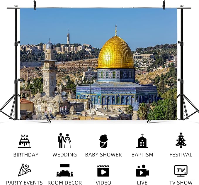 12x8ft Jerusalem Old City Backdrop Dome of the Rock Al Aqsa Mosque Photography Background Holy Land Islamic Architecture Religious Banner Decorations Bible Scene Photo Booth Prop