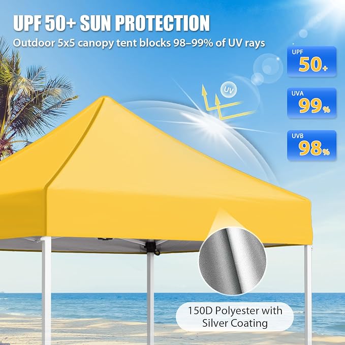 EAGLE PEAK 5x5 Pop Up Canopy Tent Instant Outdoor Canopy Easy Set-up Straight Leg Folding Shelter, Yellow