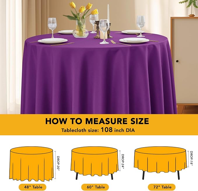 10-Pack Purple Round Tablecloths, 108 Inches, Stain-Resistant Polyester for 4-5 Ft Round Tables - Washable Table Covers for Weddings, Banquets, Birthday Parties, Events