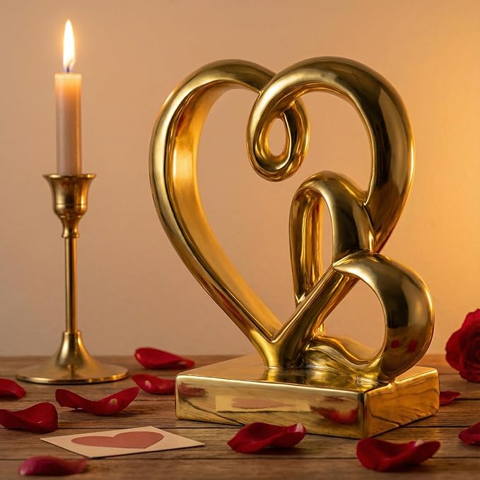 Wedding Anniversary Couples Gifts-Two Hearts Decor Resin Statue,1st to 50th for Her/Him,Engagement Present, Shimmering Love Symbol for Couple, Romantic Home Accent