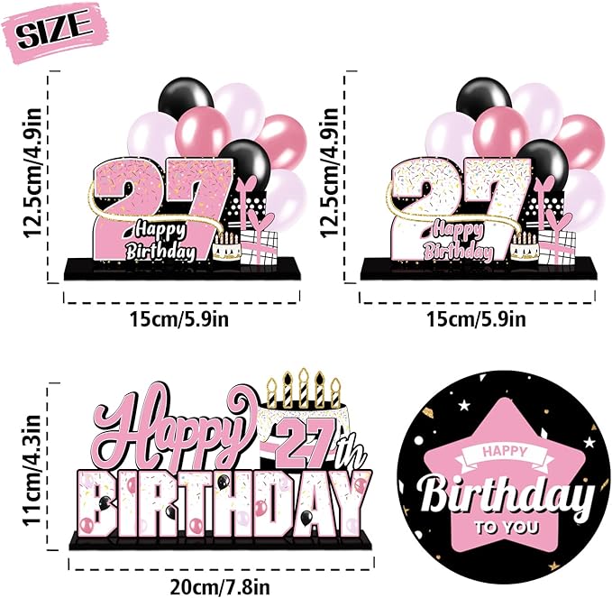 LINGTEER Happy 27th Birthday Pink Acrylic Table Topper Centerpieces Set - Cheers to 27 Years Old Birthday 27th Bday Party Gift Decorations.