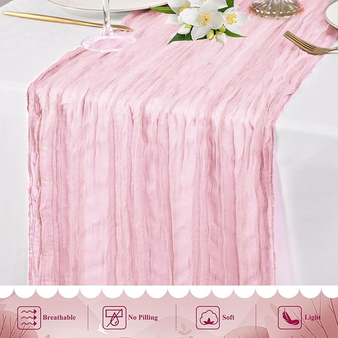 8 Pack Light Pink Cheesecloth Table Runner 10FT Long Boho Gauze Fabric Table Runner Vintage Rustic Sheer Runners for Wedding Party Bridal Baby Shower Table Decorations