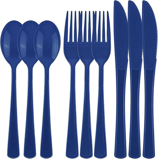 Kochorie 300 Pieces Graduation Dark Blue Plastic Silverware Heavy Duty Plastic Cutlery Set Heavyweight Disposable Flatware Includes Spoons Forks Knives for Birthday Party Prom Night Wedding Dinner