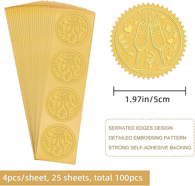 CRASPIRE 2 Inch Gold Embossed Envelope Seals Stickers Wine Glass 100pcs Round Adhesive Embossed Foil Seals Stickers Envelope Label for Wedding Invitations Party Gift Packaging Greeting Card