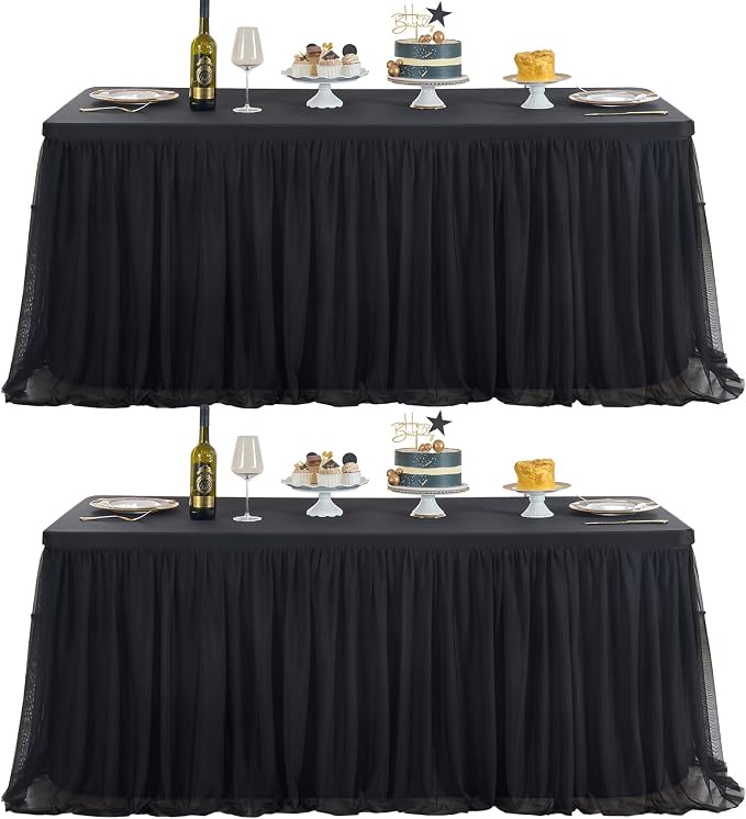 familus Black Table Cloths 6 Foot Rectangle 2 Pack Stretch Ruffle Tulle Tablecloth Spandex Fitted Table Cover for 6 Foot Tulle Table Skirts for Party Wedding Table Cloths, Banquets