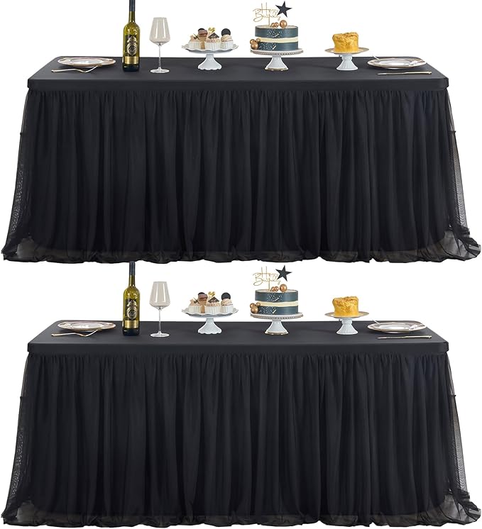 familus Black Table Cloths 8 Foot Rectangle 2 Pack Stretch Ruffle Tulle Tablecloth Spandex Fitted Table Cover for 8 Foot Tulle Table Skirts for Party Wedding Table Cloths, Banquets