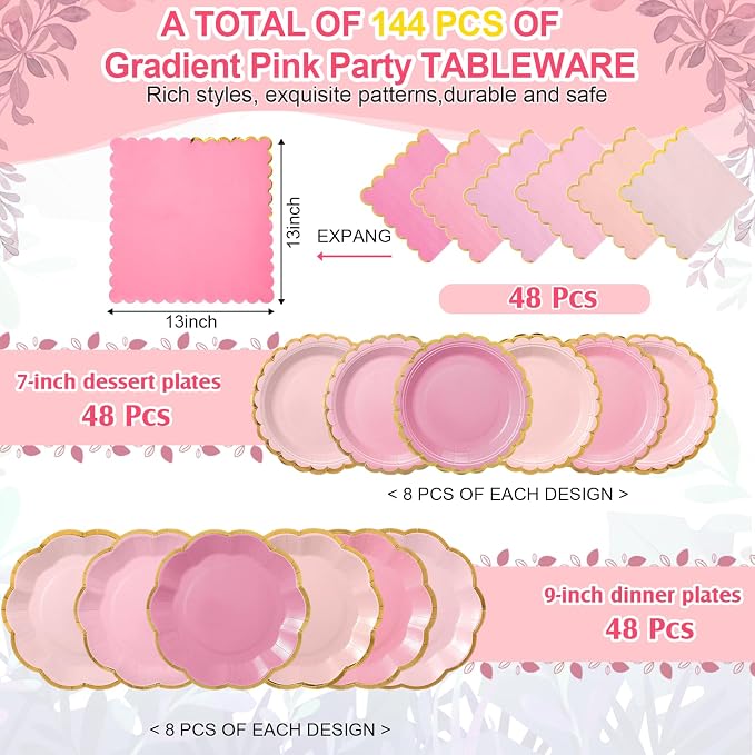 144 Pcs 48 Guests Pink Paper Plates and Napkins Party Supplies Gradient Pink Scalloped Plates with Gold Rim 9 Inch 7 Inch Disposable Dessert Party Decoration for Wedding Birthday Baby Shower