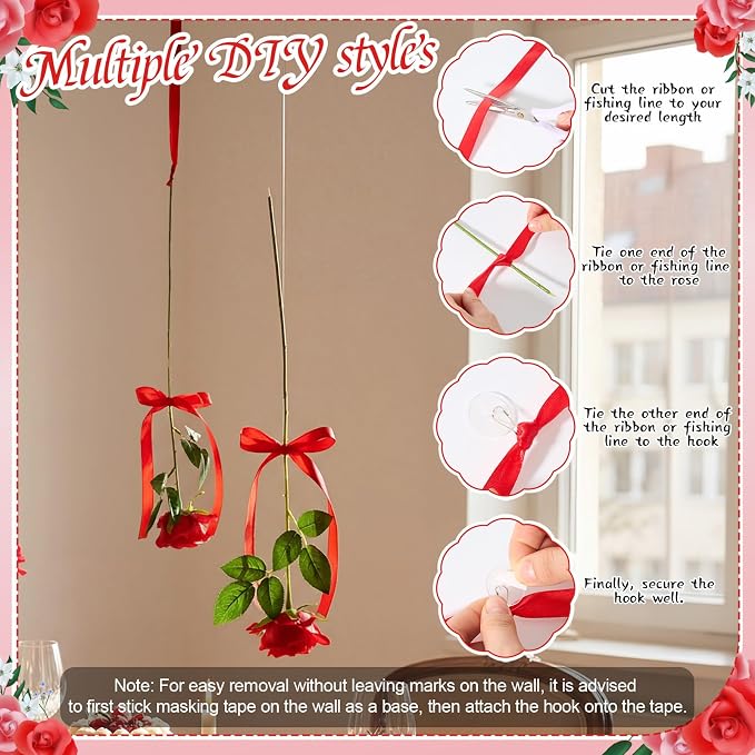Sliner 25 Pcs Artificial Rose Flowers Hanging Decorations, Dangling Flowers Garland with Hooks Spring Party Decorations Hanging Flower Ceiling Decoration for Wedding Party Spring Home Birthday(Red)