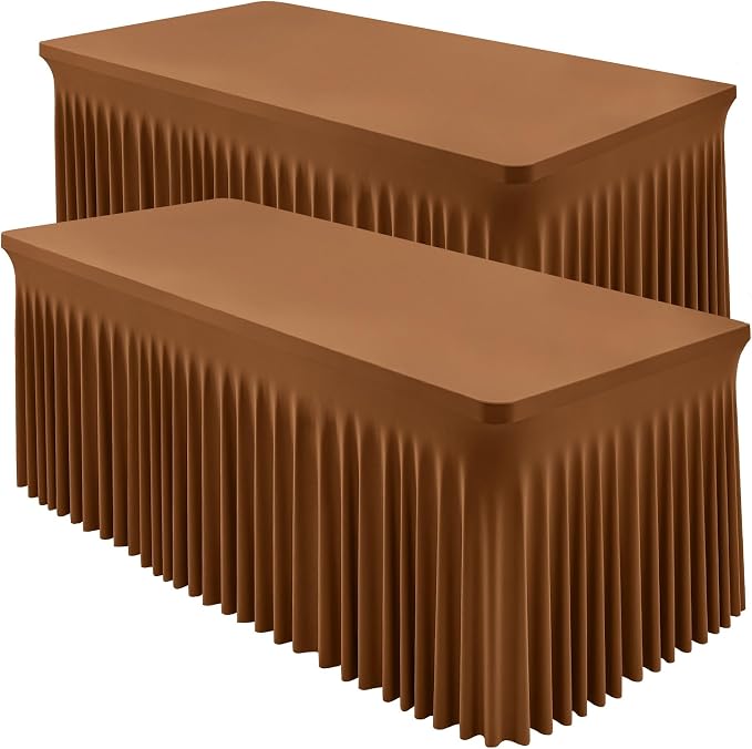 Shillance 2 Packs Brown Spandex Tableclothes for 6 Foot Rectangle Table, Spandex Table Covers 6FT Stretch Table Skirts Wrinkle Free Fitted Table Cloth for Event, Wedding, Banquet & Parties