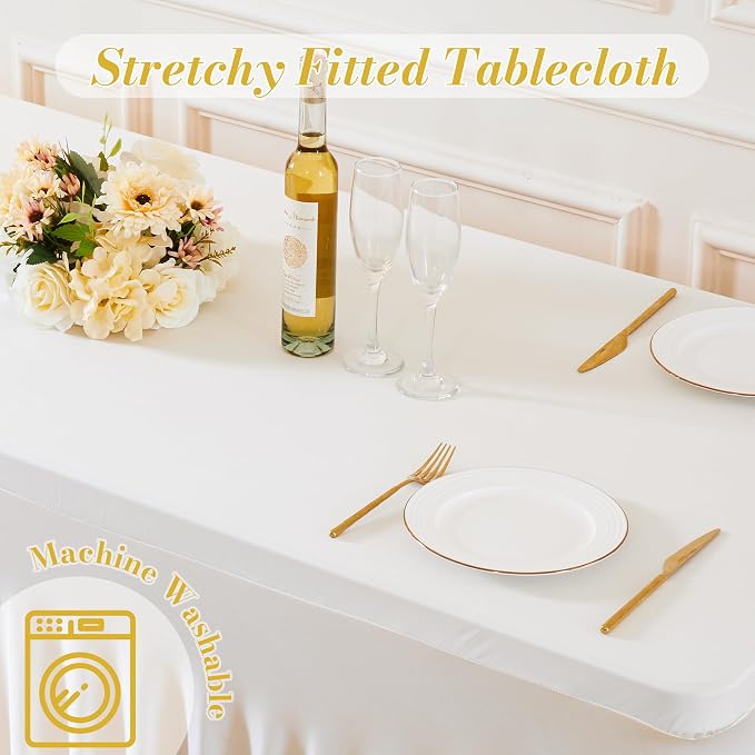 gogoparti 6 Pack Spandex Ivory Fitted Table Cloth for 8ft Rectangle Tables Ivory Stretch Tablecloth Banquet Table Covers Skirt Wrinkle Free Tablecloths for Parties Wedding