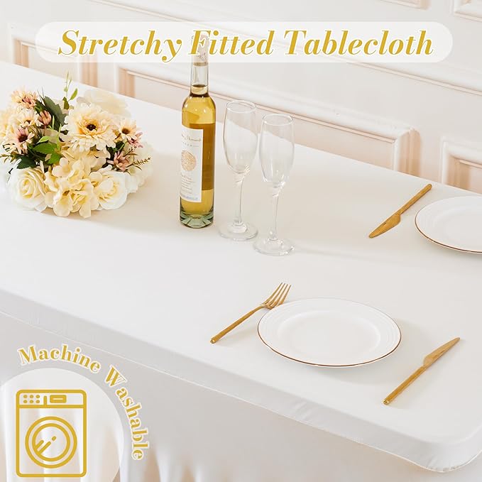gogoparti 2 Pack Spandex Ivory Fitted Table Cloth for 6ft Rectangle Tables Ivory Stretch Tablecloth Banquet Table Covers Skirt Wrinkle Free Tablecloths for Parties Wedding