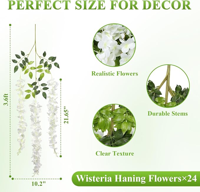 Pauwer Wisteria Hanging Flowers 24 Pack Fake Flower Garland Artificial Wisteria Vines Rattan Silk Flower String Wedding Party Wall Decorations,White