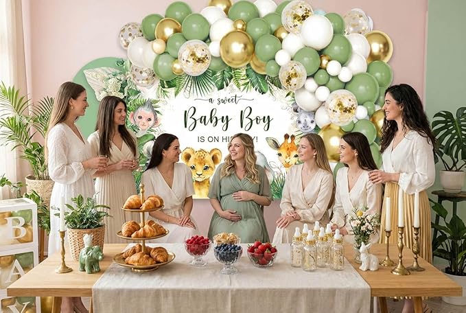 140PCS Safari Jungle Baby Shower Decorations, Safari Baby Shower Supplies, Sage Green Balloon Garland Kit, BABY Boxes, Backdrop Banner