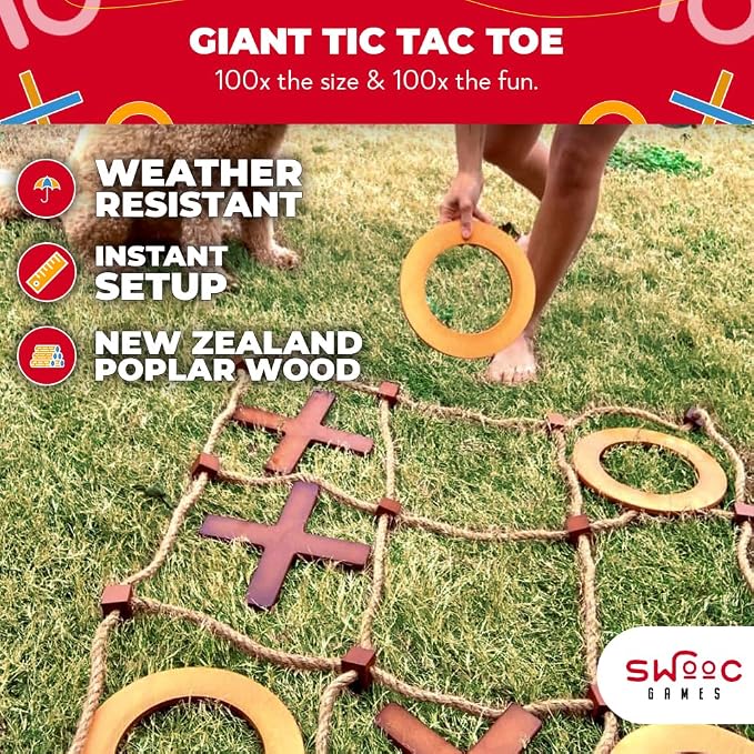 SWOOC Games - Premium Giant Tic Tac Toe Game Outdoor (All Weather) | 3ft x 3ft | Instant Setup, No Assembly | Giant Outdoor Games for Adults and Family | Outside Toys | Large Lawn & Backyard Fun