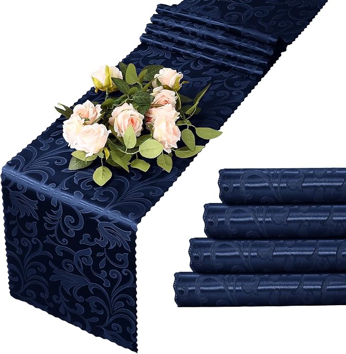 MILVOWOC 4 Pack Navy Blue Damask Table Runner, 12 x 72 Inch Satin Jacquard Rectangle Decorative Table Runner for Party Banquet Birthday Dinner Wedding Table Decor