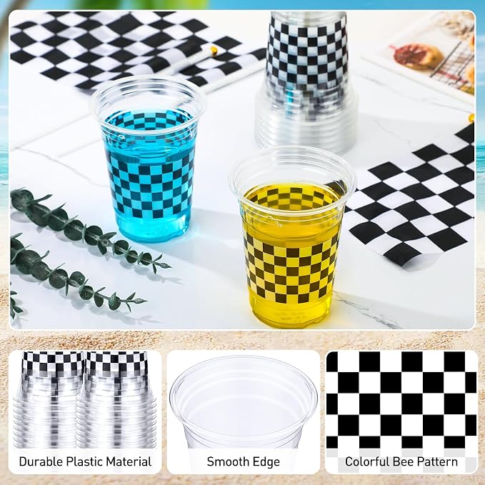 50 Pcs Racing Party Plastic Cups 16 oz Clear Checkered Flag Race Car Cups Bulk Disposable Black and White Plaid Tableware for Fast One Two Birthday Sports Party Supplies Decorations
