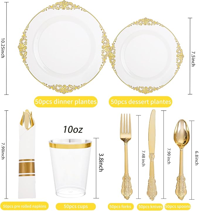 Hioasis 350pcs Clear and Gold Plates - Clear Party Plates for 50 Guest, Include 100 Heavy-duty Plates(20% Thicker Than Standard), 50 Pre Rolled Gold Plastic Silverware Set, 50 Cups