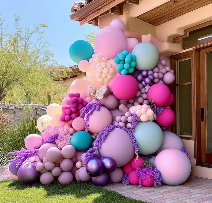 Pastel Purple Pink Balloons Lavender Teal Balloon Garland Metallic Lilac Blue Balloons Different Size Green and Orange Balloon Arch Kit For Encanto Birthday Butterfly Baby Shower Princess Party Supply