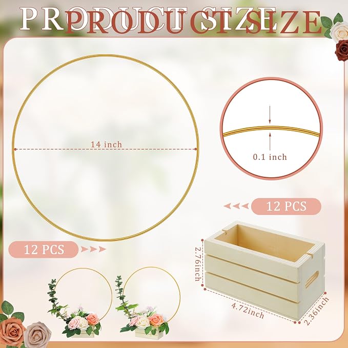 FoldTier 24 Pcs 14 Inches Metal Floral Hoop Centerpiece with Stand for Tables - Includes Gold Wreath Rings and Wooden Stands for DIY Wedding Baby Shower Communion Baptism Birthday Party Decoration