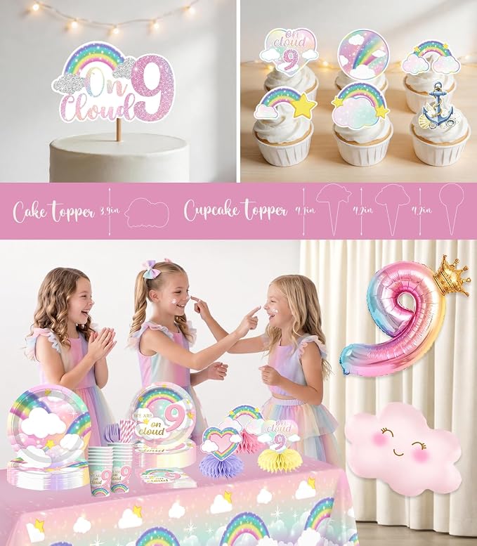 Xynic 200Pcs On Cloud 9 Birthday Decorations for Girls, All-in-One Party Supplies Includes Banner, Cake Toppers, Foil Balloons, Plates and Napkins, Easy Setup On Cloud Nine Party Decor, Serves 25