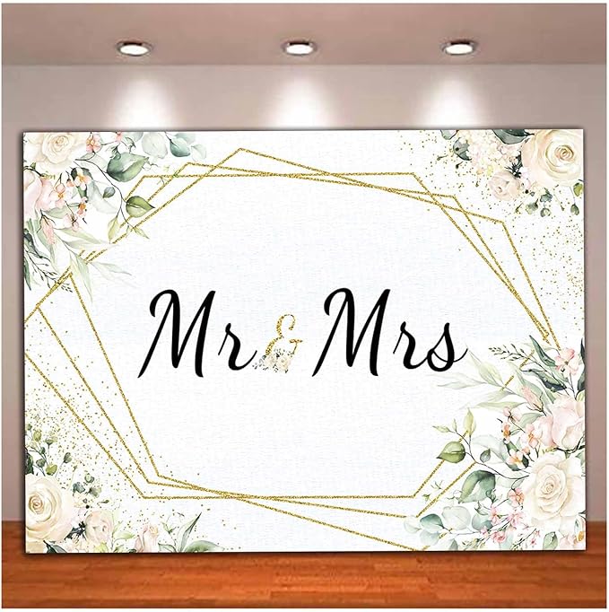 10x8FT Mr & Mrs White Floral Bridal Shower Backdrop Mr Mrs Wedding Theme Photo Backgrounds Wedding Bride to Be Engagement Photography Backdrops Prom Party Banner Decor Party Banner Photo Booth Prop