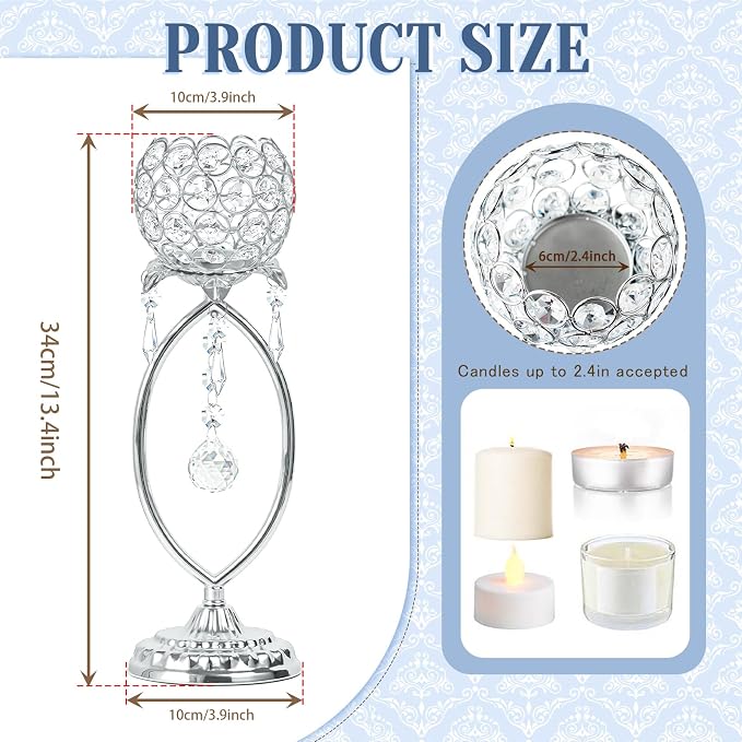2 Pcs Silver Elegant Metal Crystal Tea Light Candle Holders with Crystal Pendants, Hollow Design - Wedding Table Centerpieces for Anniversary Birthday Party, Home Decor