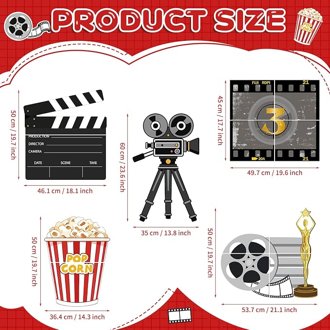 5 Pcs Large Movie Night Party Decorations, Classic Movie Cardboard Cutouts Standup, Popcorn Film Camera Clapperboard Lawn Yard Sign for Theater Theme Indoor Outdoor Birthday Photo Prop