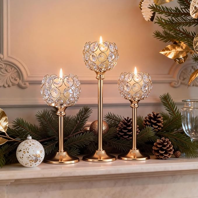 Gold Crystal Candle Holders Candlestick Holders - 2 Sets Tall Bling Bowl Candelabra Centerpieces for Dining Table, Wedding, Party & Fireplace Mantel Decor,6Pcs
