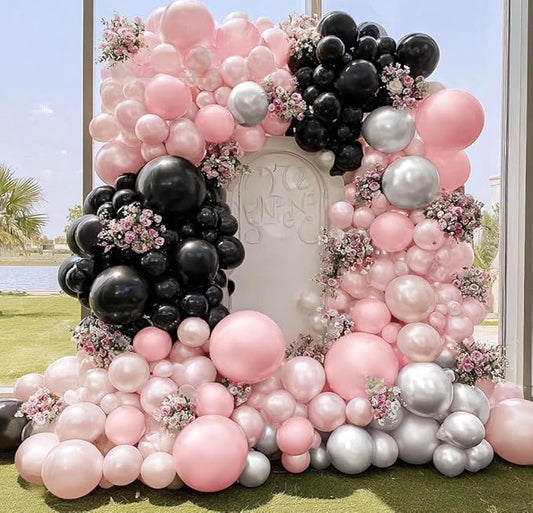 Pink Black Balloon Arch, Double Stuffed Pearl Baby Pink Blush Silver Pastel Balloon Garland Kit for Boo Birthday Spooky Baby Shower Wedding Party Decoration