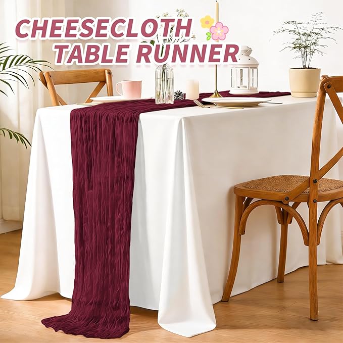 6 Pack Cheesecloth Table Runner,Burgundy Table Runner Long Romantic Semi Sheer Rustic Boho Gauze Table Runners for Wedding Bridal Shower Birthday Party Decorations(17.7×108 Inch)