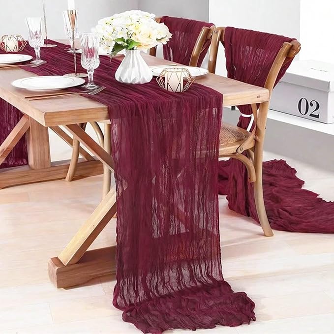8 Pack Burgundy Valentine's Day Cheesecloth Table Runner 21x120 Inch Wine Red Gauze Reusable Polyester 10ft Boho Rustic Cheese Cloth Table Runner for Wedding Party Baby Shower Birthday