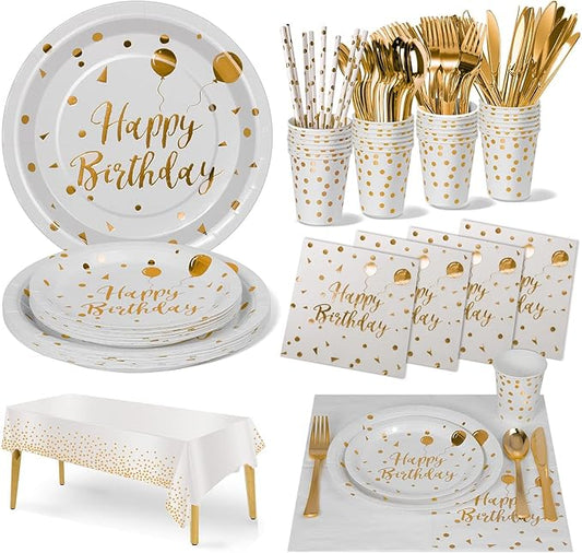 Nkaiso Birthday Party Tableware, 161 Pieces White Gold Party Supplies, Party Dinnerware Sets Include Paper Plates Napkins Cups Silverware, for Shower Engagement Parties Decoration -20 Serves