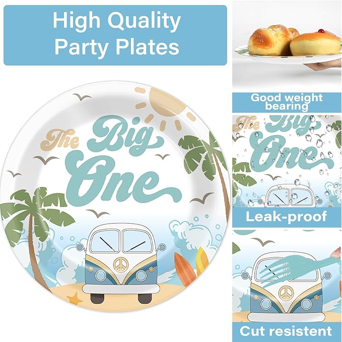 200pcs Summer Beach The Big One Party Plates Napkins Boy Surfing First Birthday Tableware Set Hawaiian Palm Tree Cake Dessert Disposable Dinnerware Retro Wave Decor for Baby Shower Supplies Serves 50