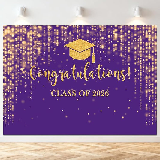 Mocsicka Class of 2026 Backdrop Purple Gold Glitter Bokeh Graduation Party Background 2026 Congrats Grad Prom Party Cake Table Decoration Photo Booth Props (7x5ft)