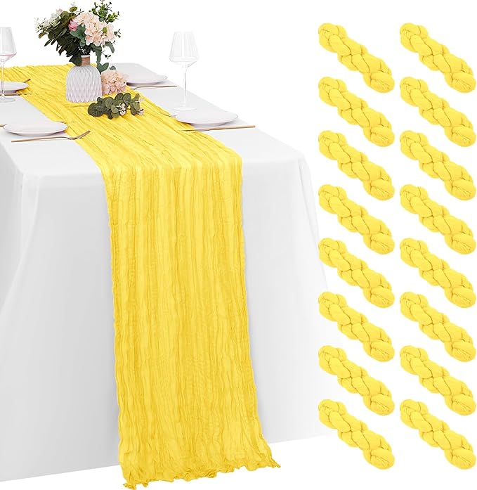 16 Pack Lemon Yellow Cheesecloth Table Runners 20x120 Inch Gauze Table Runner 10FT Easter Cheese Cloth Table Runner Rustic Sheer Runner for Wedding Baby Shower Birthday Party Table Decor