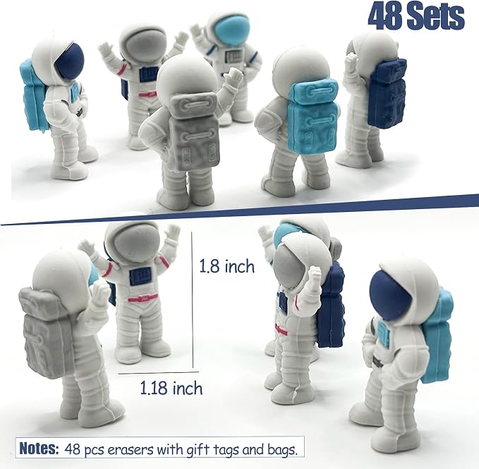 48 Sets End of School Years Gifts, Space Party Favors for Kids, Astronaut Erasers with Gift Tags, Outer Space Birthday Party Favors, Classroom Prizes for Students