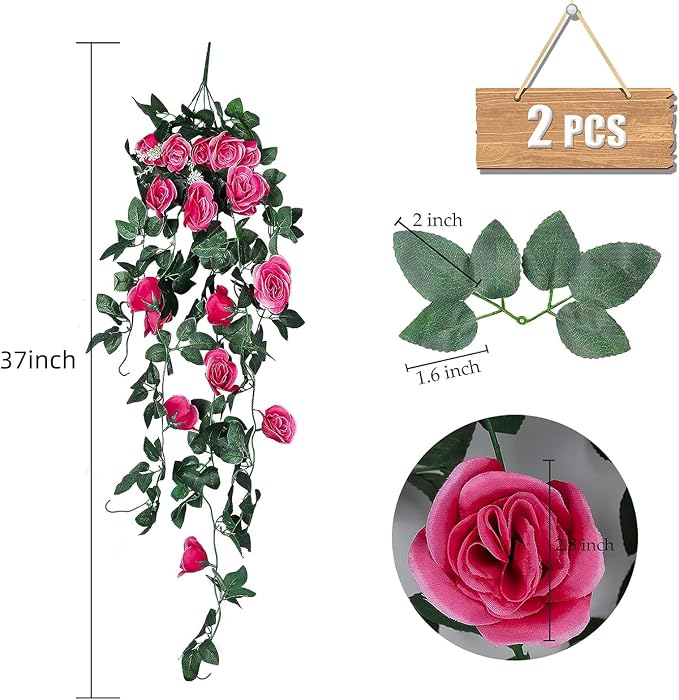 RECUTMS 2PCS Artificial Hanging Rose Flower Plants, 37 Inch Red Fake Silk Floral Ivy Garlands for Home Room Garden Front Porch Wedding Arch Labor Day Summer Break Party Indoor Outdoor Greenery Decor